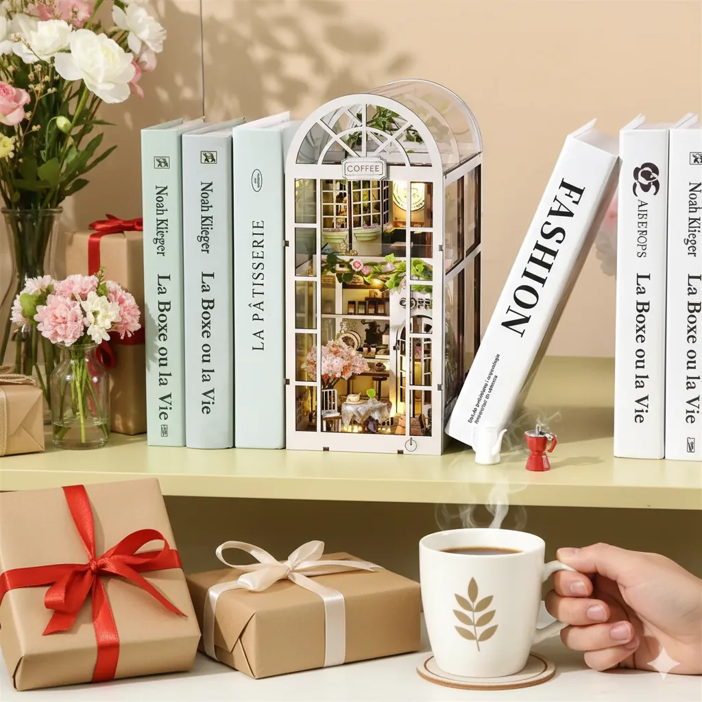 Kitaplık rafına yerleştirilmiş, ışıklandırılmış book nook seçkisi