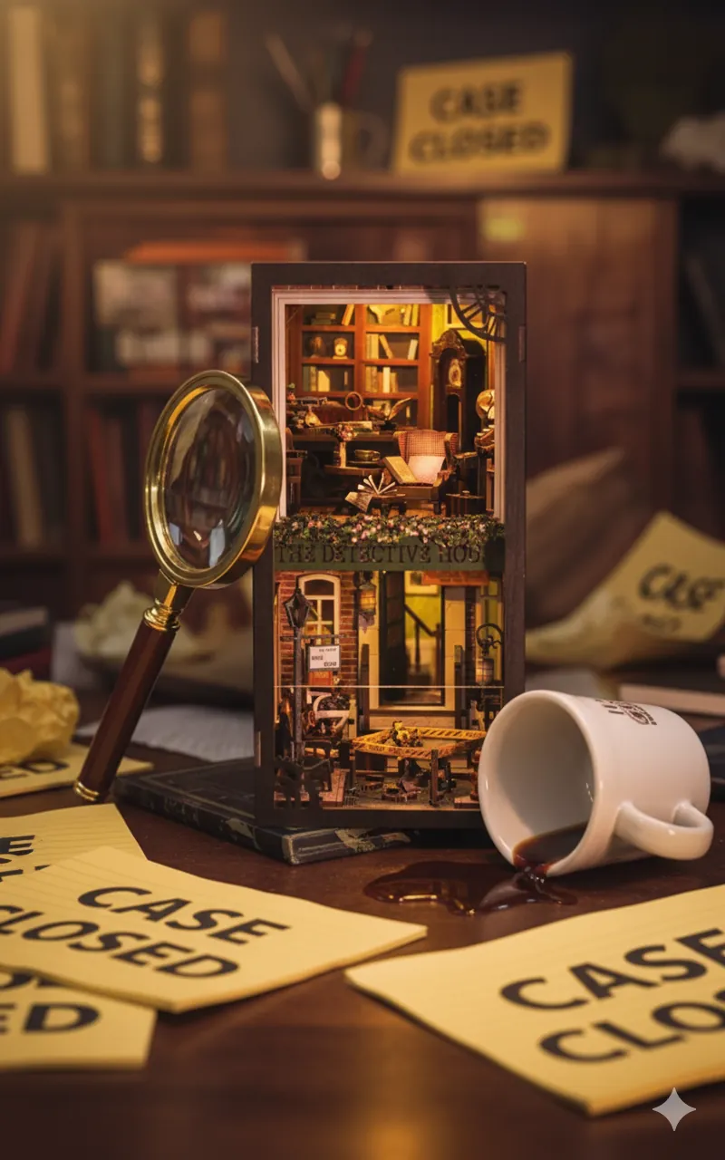 Book nook modelinin kitaplıkta kitaplar arasına yerleştirilmiş hali